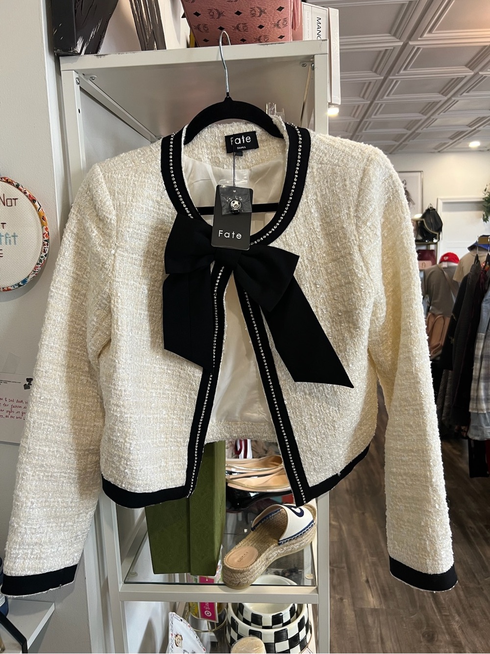 Fate Cream Tweed Cropped Jacket with Black Bow Trim NWT